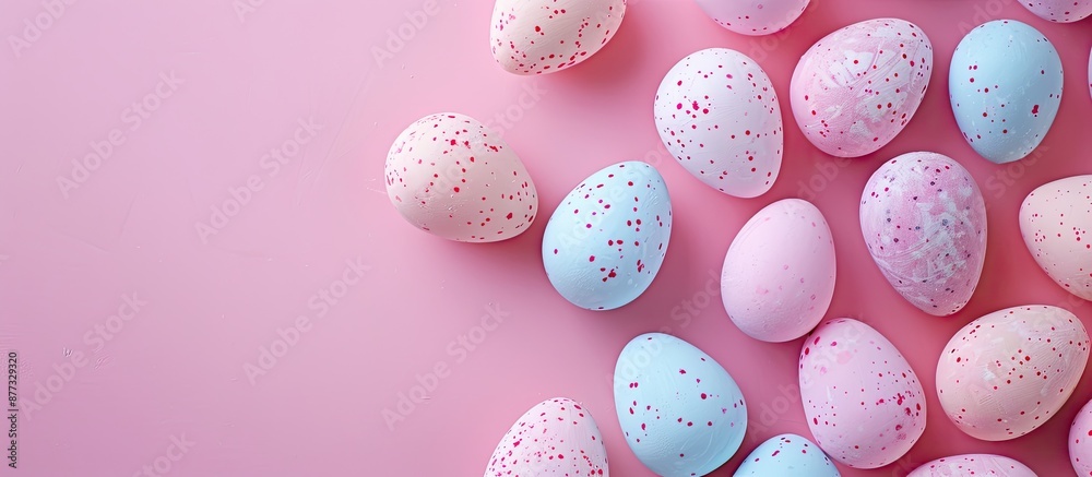 Minimal Easter concept featuring a cluster of candy eggs on a pink backdrop complemented by a copy space image evoking a festive atmosphere in a flat lay style perfect for banners or party invitation Minimal Easter concept featuring a cluster of candy eggs on a pink backdrop complemented by a copy space image evoking a festive atmosphere in a flat lay style perfect for banners or party invitation