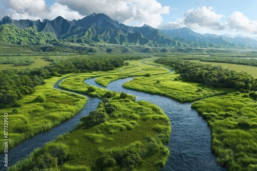 Scenic view of a winding river surrounded by lush green fields and mountains under a cloudy sky. photo