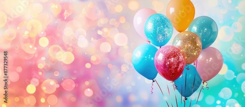 Colorful balloons with sparkling embellishments set against a vibrant backdrop providing ample copy space in the image