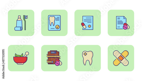 Healthcare line icons. Medicine, tooth, toothpaste, healthy food, adhesive bandage. Vector illustration can be used for topics like diet, sport, fitness, healthy lifestyle