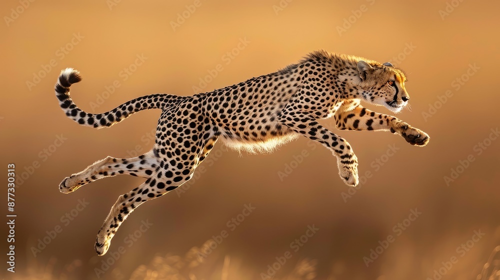 Obraz premium A stunning image of a cheetah in mid-air, gracefully leaping across a sunlit savannah landscape, showcasing its incredible speed and agility.