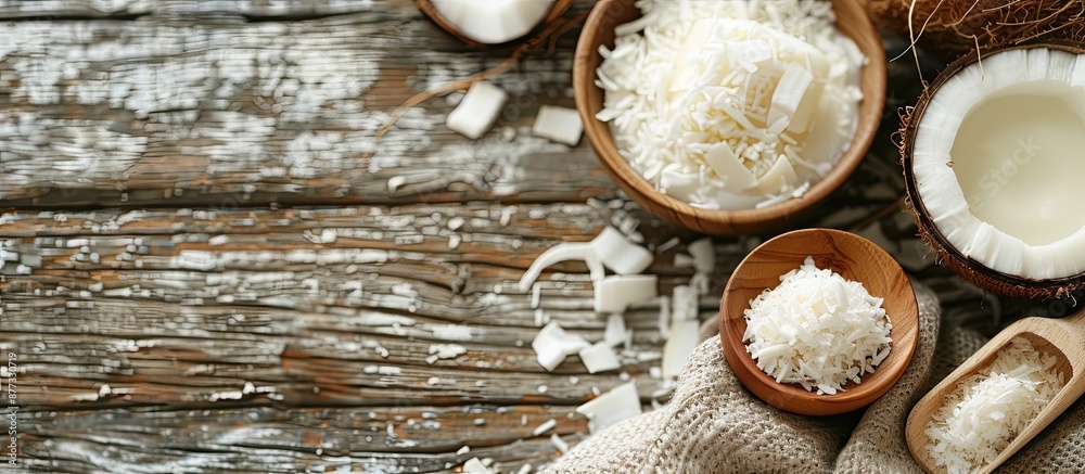 Coconut products like MCT butter oil milk and shavings displayed on a wooden background with copy space for a hair skin and body treatment theme Coconut products like MCT butter oil milk and shavings displayed on a wooden background with copy space for a hair skin and body treatment theme