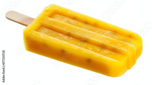 A yellow fruit popsicle, showcasing flavors of mango, passion fruit, and pineapple, isolated on a white background