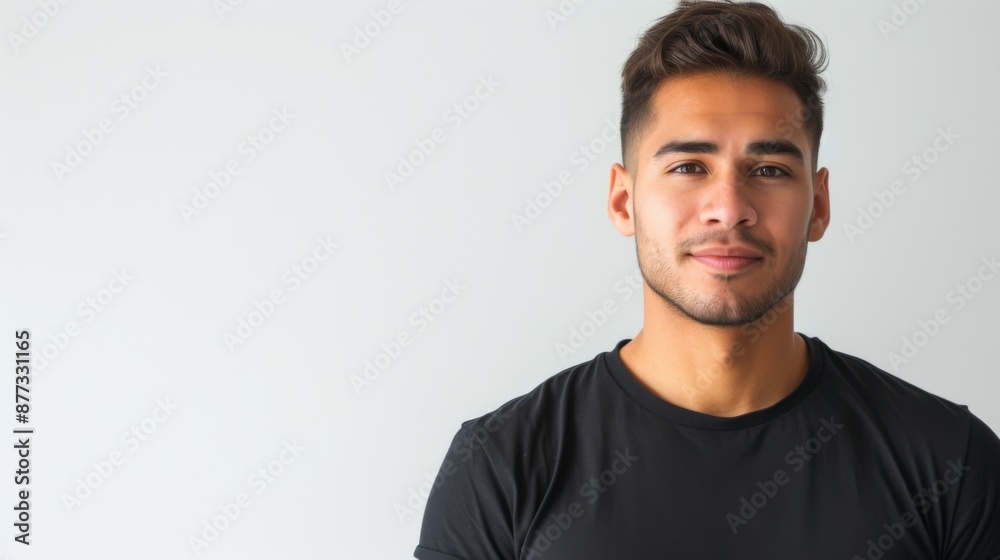 A handsome man standing over a white background with a relaxed yet serious expression