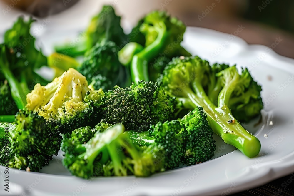 Steamed broccoli on white restaurant plate isolated. Green asparagus cabbage cooked on steam Steamed broccoli on white restaurant plate isolated. Green asparagus cabbage cooked on steam