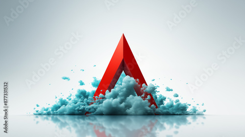 A Vibrant Red Arrowhead Bursts through a Cloud of Blue Smoke, Creating a Dynamic Composition Against a Neutral Background