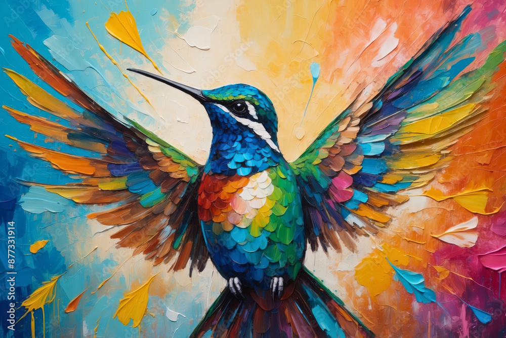 Obraz premium Colorful abstract portrait painting of a tropical exotic flying Hummingbird animal, nature theme concept texture design.