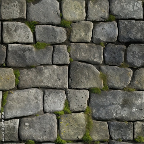 Grey Old Stone Pavement Top View, Granite Cobblestone Road, Green Moss, Wet Surface