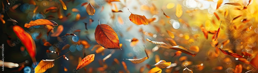 Autumn leaves falling in soft focus with warm sunlight and bokeh background, capturing the essence of the fall season and natural beauty.