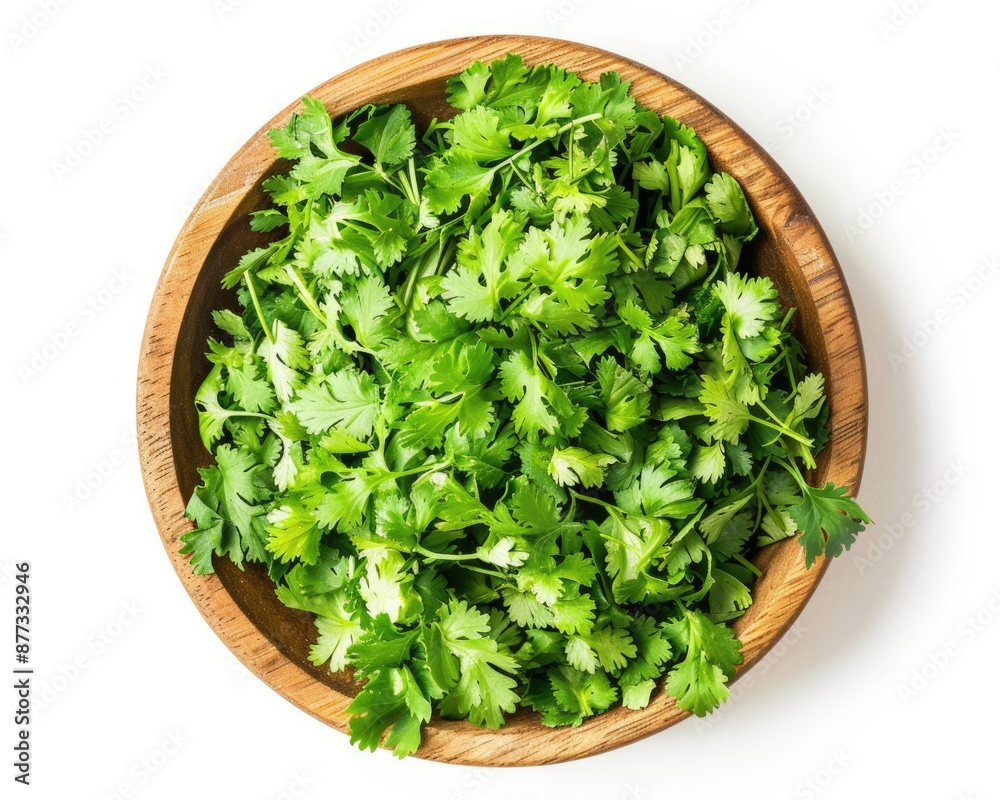 Bowl Of Cilantro. Fresh Coriander Leaves in Wooden Bowl on White Background Bowl Of Cilantro. Fresh Coriander Leaves in Wooden Bowl on White Background