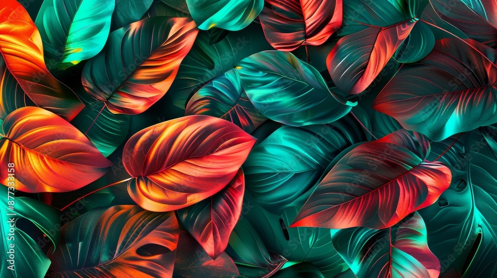 Vibrant Tropical Leaves with Red and Green Color Palette Vibrant Tropical Leaves with Red and Green Color Palette