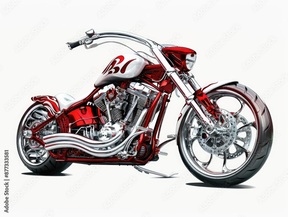 Custom Engine Chopper Bike in White and Red Isolated on Abstract Background Custom Engine Chopper Bike in White and Red Isolated on Abstract Background