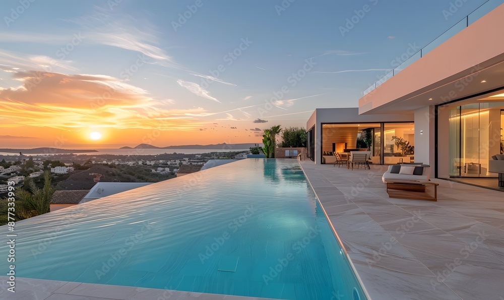 Fototapeta premium Modern Villa with Infinity Pool overlooking a breathtaking sunset