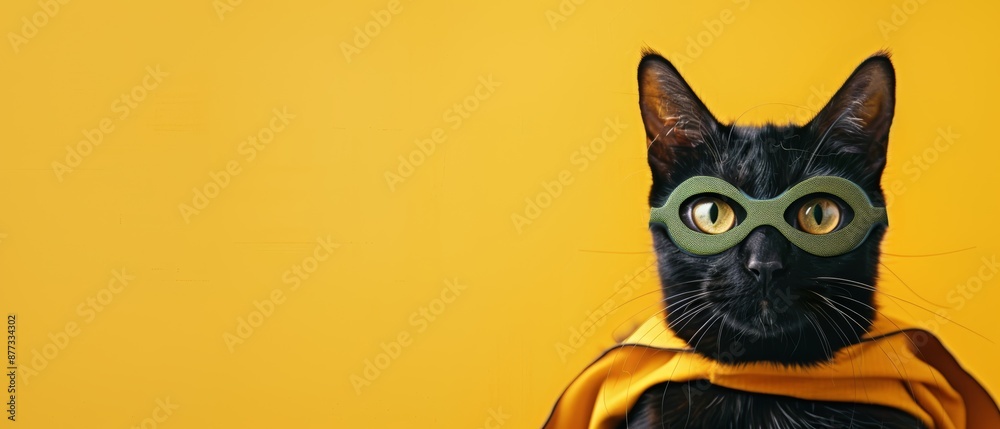 Fototapeta premium Funny superhero cat in costume isolated on yellow background, copy space