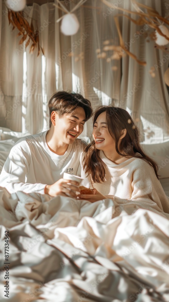 Couple laughing and holding coffee cups in bed Couple laughing and holding coffee cups in bed