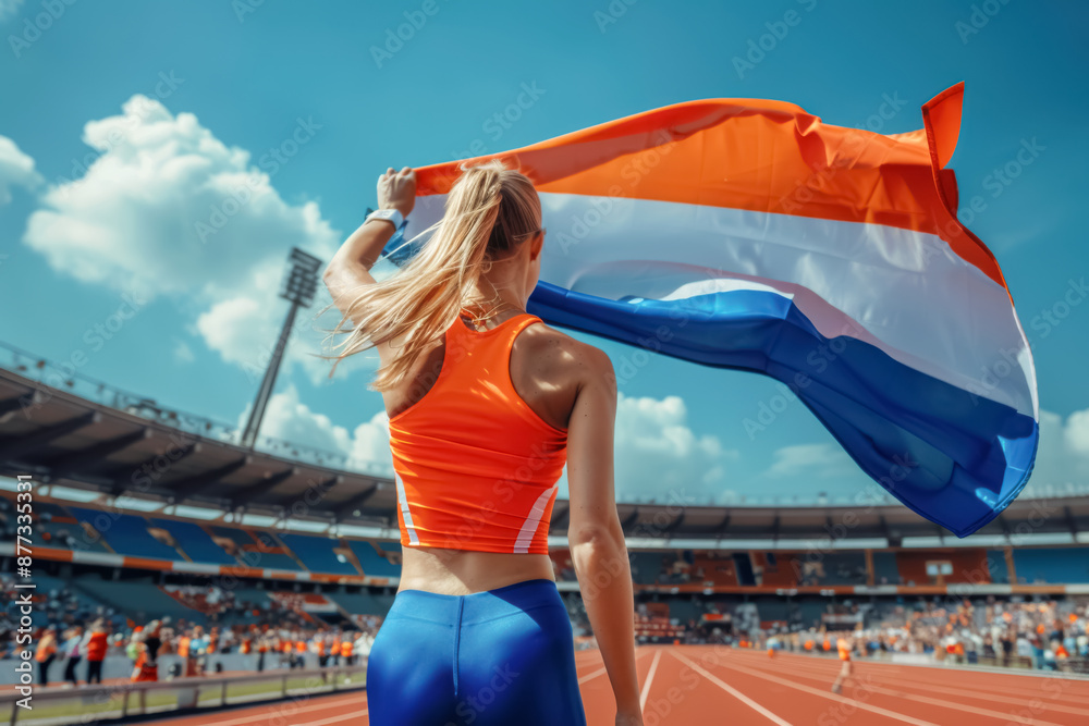 Dutch Athlete Celebrates with National Flag at Paris Olympics. A young woman with long blonde