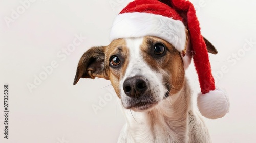 A dog with a Santa hat, holiday theme, festive and joyful, isolated on white background © CattaC