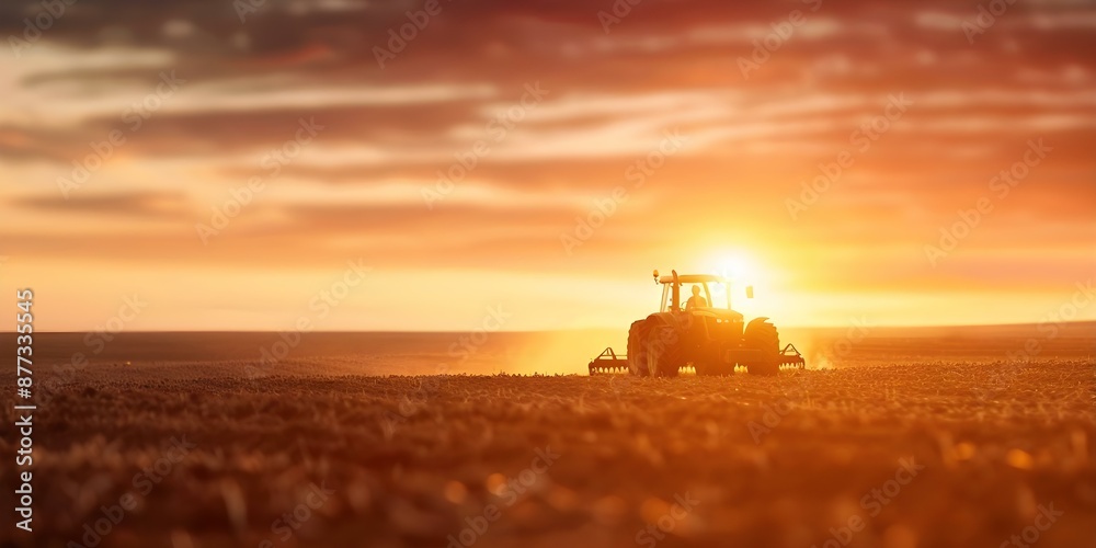 Fototapeta premium Sunset agricultural scene with workers plowing field using tractors in rural landscape. Concept Sunset Photography, Agriculture, Rural Landscape, Tractor Plowing, Farmers