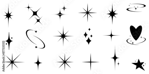 Hand Drawn Set of Tattoo art stickers 90s - 2000s in trendy Y2k Aesthetic Style. Retro lines vintage elements, sparkle star, heart. Simple geometric y2k shapes. Isolated Vector illustration.