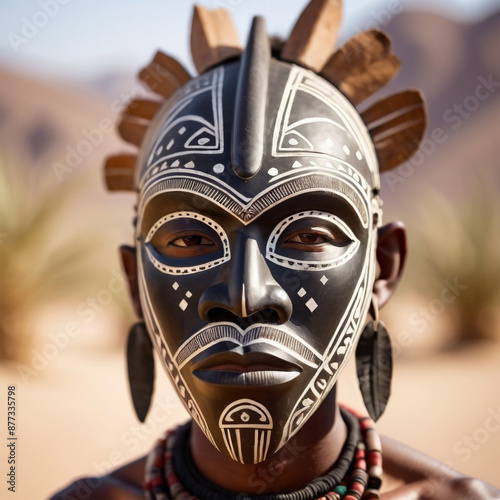 black man with tribal mask, closeup of african man with mask