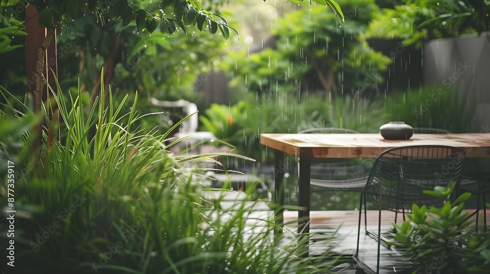 A sophisticated photo of an outdoor terrace with a smart irrigation system and lush green plants, featuring a cool, desaturated effect for a stylish, contemporary feel A sophisticated photo of an outdoor terrace with a smart irrigation system and lush green plants, featuring a cool, desaturated effect for a stylish, contemporary feel
