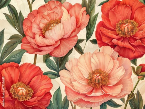 Fototapeta Naklejka Na Ścianę i Meble -  Close up of a cluster of pink and red peonies with green leaves.