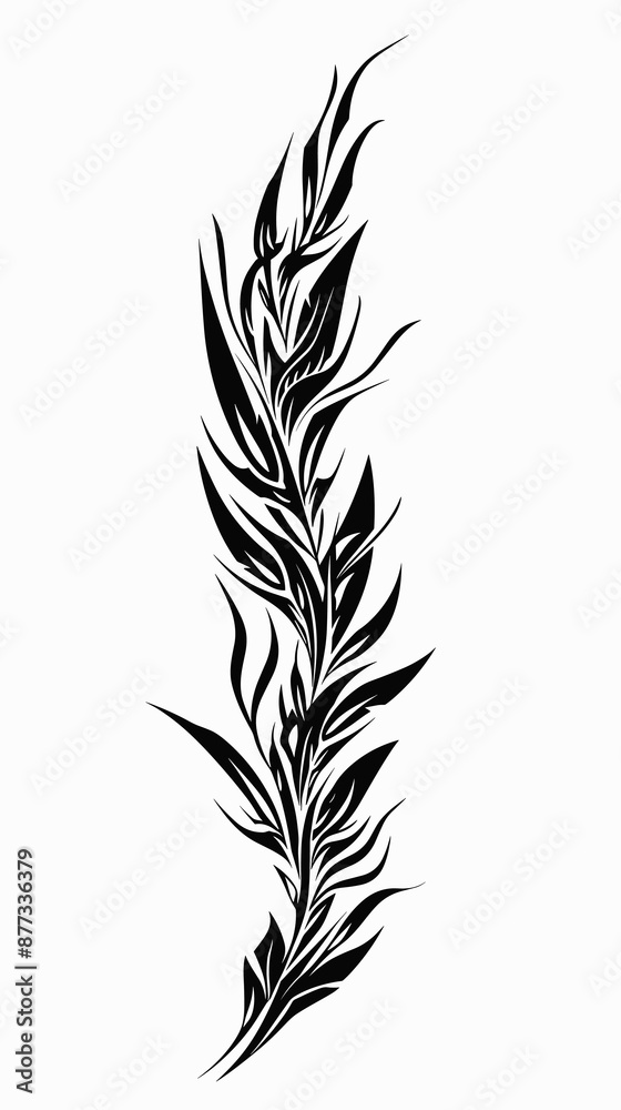 A black and white drawing of a plant with a long stem. The drawing is very detailed and has a lot of texture. The plant appears to be a vine or a tree with many leaves A black and white drawing of a plant with a long stem. The drawing is very detailed and has a lot of texture. The plant appears to be a vine or a tree with many leaves