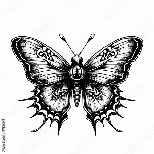 A black and white drawing of a butterfly with a black body and white wings