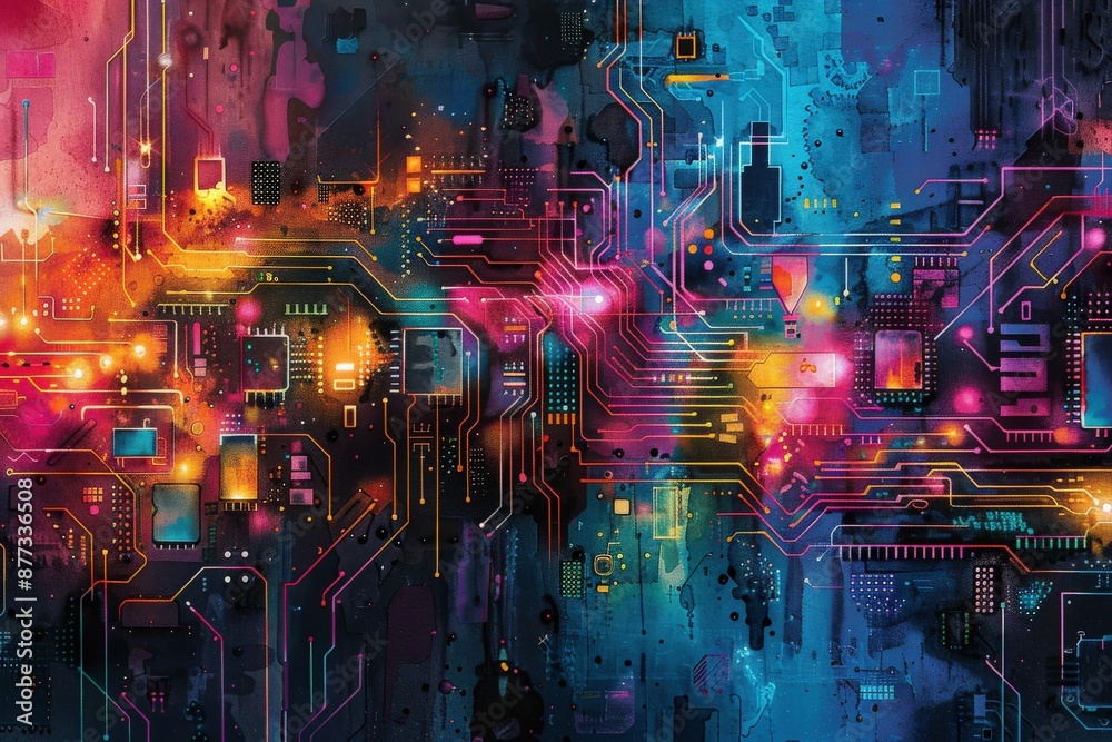 Fototapeta premium Vibrant Abstract Digital Circuit Board with Neon Colors and Futuristic Design