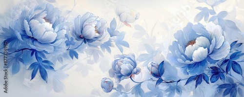 Delicate blue peonies bloom on a soft white background, perfect for a romantic or floral design.