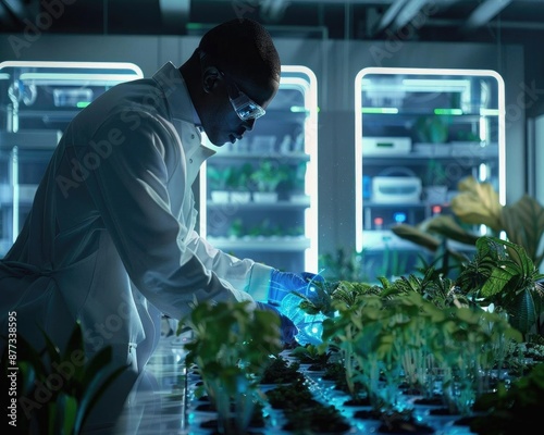 Engineer in bio-lab, manipulating genetically modified plants, advanced lab equipment and futuristic lighting