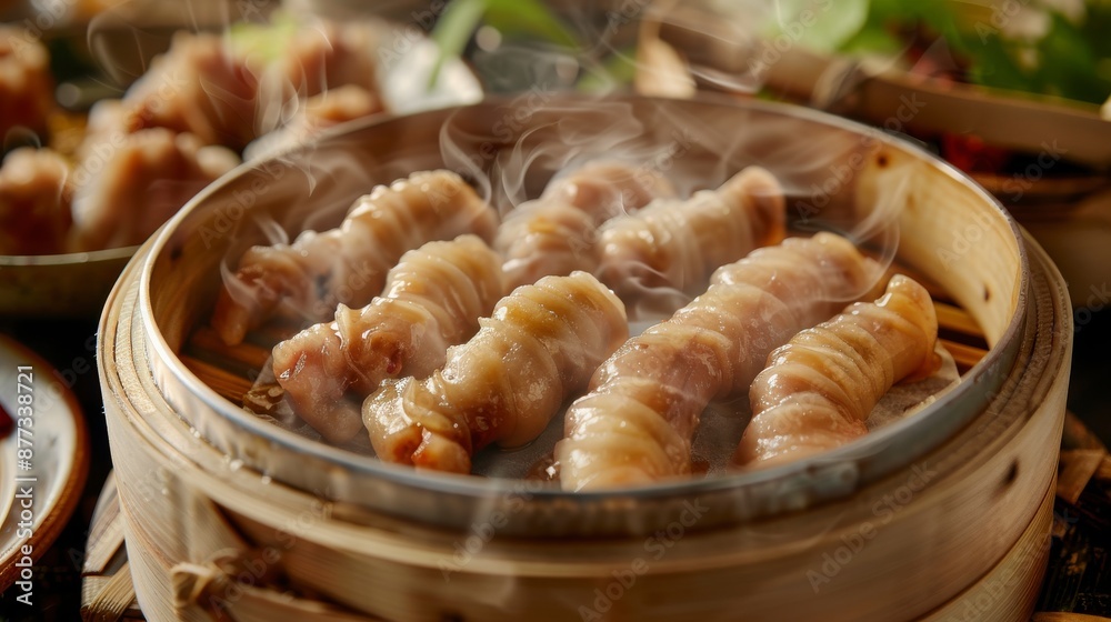 Steaming pork dumplings in a wooden steamer Steaming pork dumplings in a wooden steamer