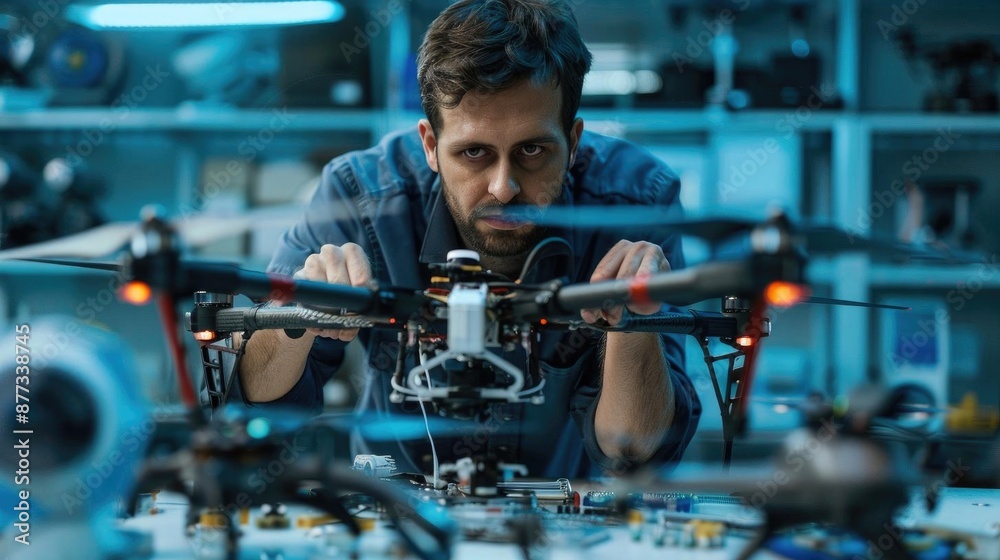 Engineer in drone repair facility, fixing damaged drone parts, high-tech lab with diagnostic equipment