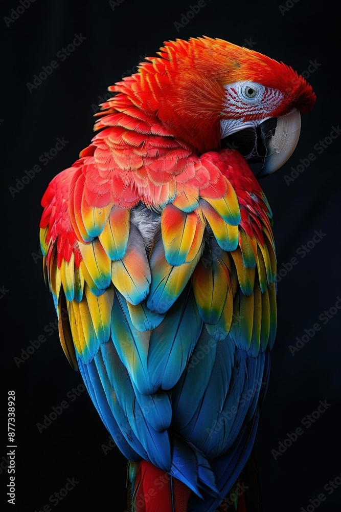 Obraz premium Vibrant Scarlet Macaw Parrot with Colorful Feathers on Black Background