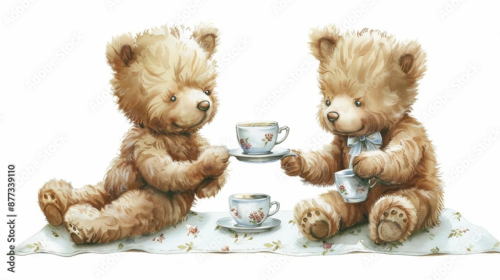 A teddy bear tea party, classic illustration, soft and cozy, isolated on white background A teddy bear tea party, classic illustration, soft and cozy, isolated on white background