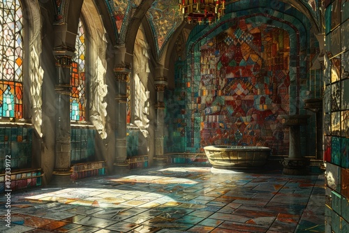 Sunlit Medieval Chapel with Stained Glass Windows and Intricate Mosaic Tiles © AIPhoto