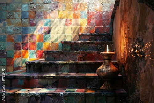 Colorful Mosaic Tiled Staircase with Lit Candle in Rustic Setting Illuminated by Sunlight