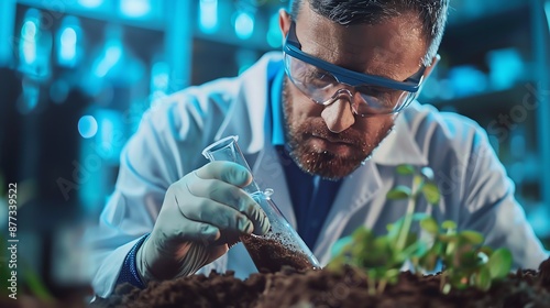 Scientist in laboratory coat conducting plant research in a lab, highlighting scientific innovation and experiment on botany.