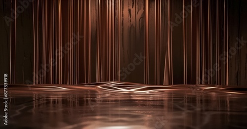 A mesmerizing cascade of liquid chocolate flows down a textured wall, pooling on a reflective surface, creating an indulgent, sensory experience.