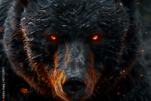 Illustration of a menacing black bear with glowing red eyes emerging from a wildfire
