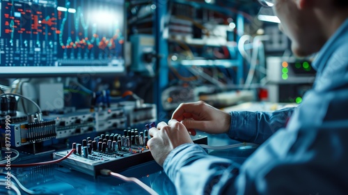 Engineer working on electronics in a high-tech laboratory, developing and testing new technology to advance engineering projects.