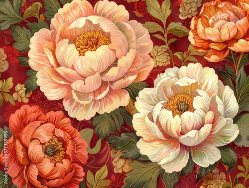 Elegant floral pattern with delicate peonies on a red background