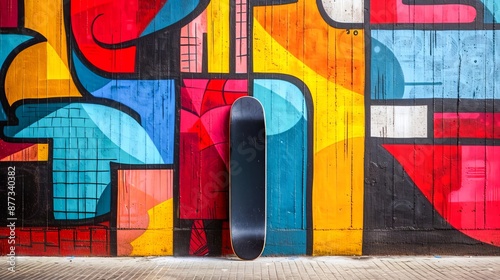 A black skateboard with yellow wheels rests against a vibrant, colorful graffiti wall, showcasing urban art and skate culture.