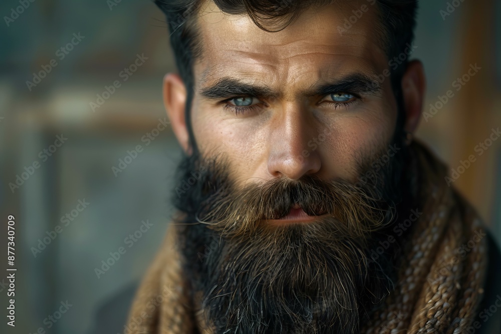 Handsome bearded man with blue eyes and brown scarf looking at camera Handsome bearded man with blue eyes and brown scarf looking at camera
