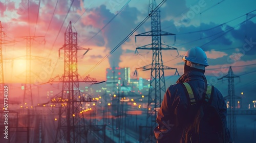 Industrial worker observing power lines during sunset, highlighting energy infrastructure and urban landscape in vibrant colors.