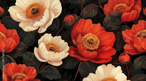 Seamless pattern with red and white peonies on a dark background.