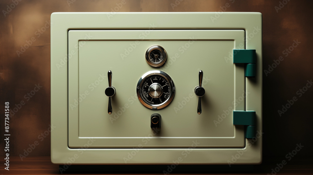 A Large, Rectangular Safe with a Light Green Finish, Featuring a Combination Lock with a Dial and Two Levers A Large, Rectangular Safe with a Light Green Finish, Featuring a Combination Lock with a Dial and Two Levers