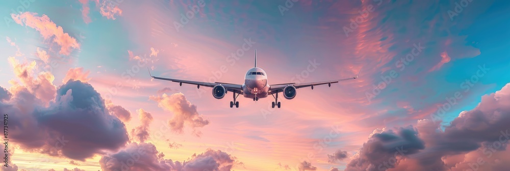 Fototapeta premium Airplane Pink. Landing airplane in the blue sky with pink clouds at sunset.