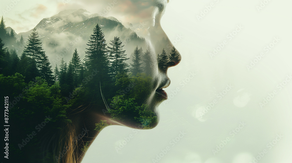 Double exposure showing a woman's face, high mountains and a green ...