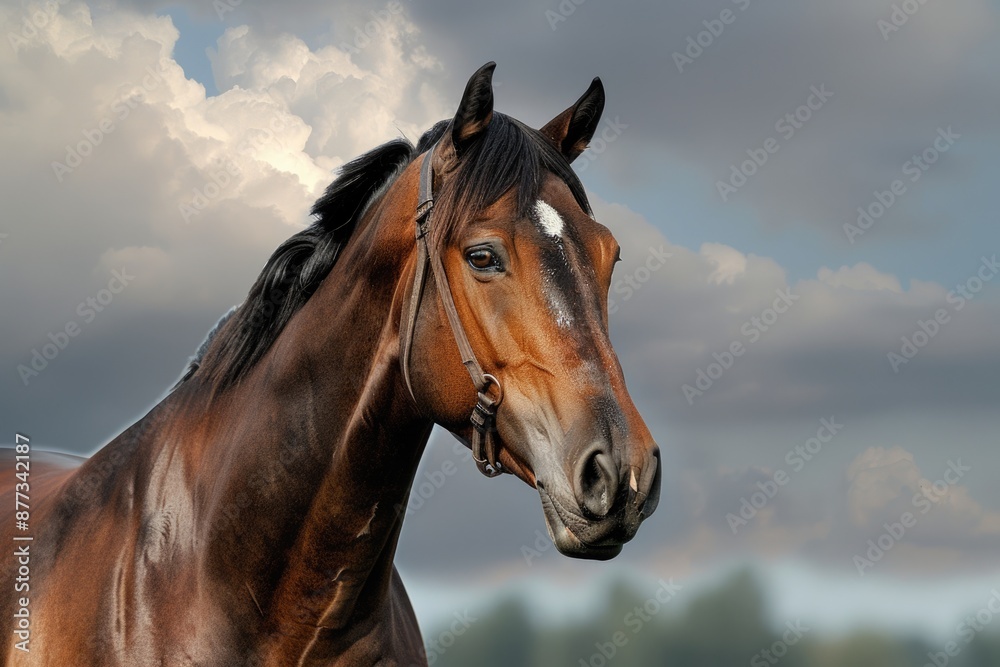 Bay Stallion Portrait: Majestic Warmblood Horse in Equestrian Setting Bay Stallion Portrait: Majestic Warmblood Horse in Equestrian Setting